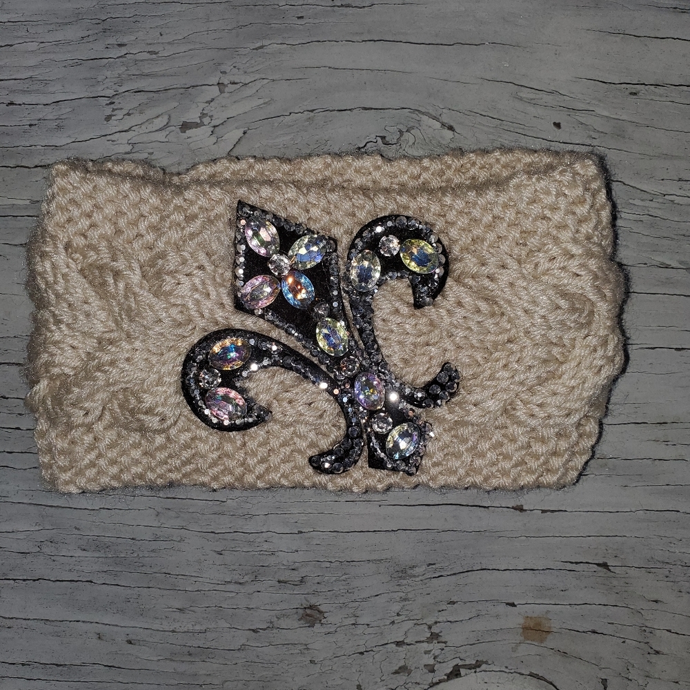 Crochet Knit Headband W/ Rhinestone Bling Fleur De Lis, One Size, Beige …